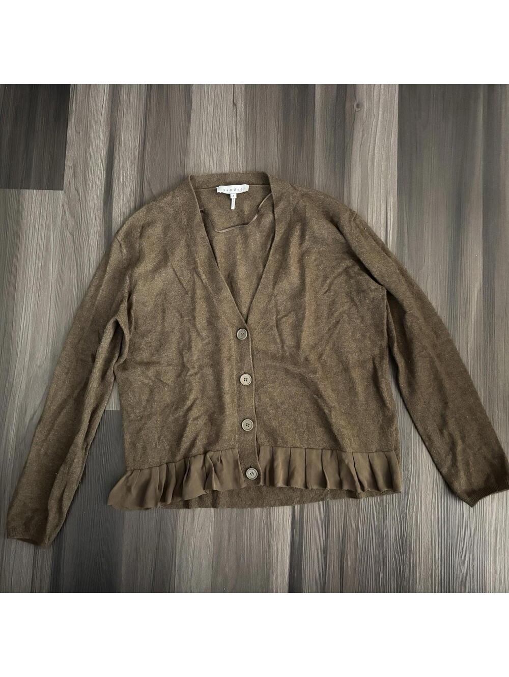 Sandro Women's Cashmere Cardigan Size 3 Large Brown V-Neck Button Ruffled Hem